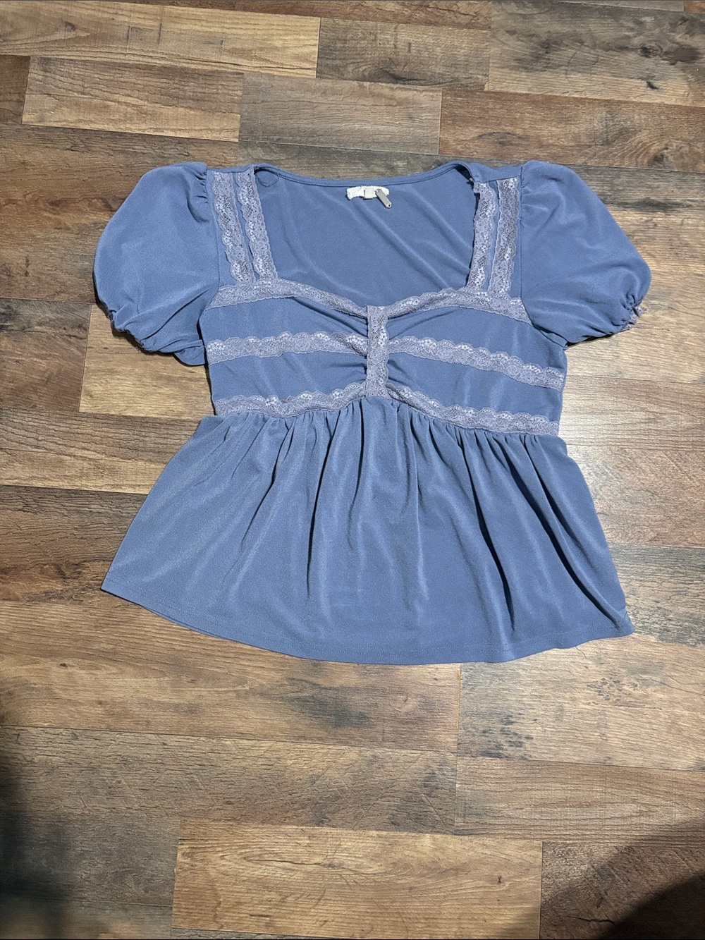 Baby Doll Top gimmicks by BKE Dusty Blue Lace-Trim Peplum Top